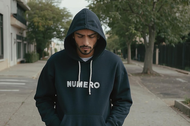 A man with a hoodie that has the word numero on it