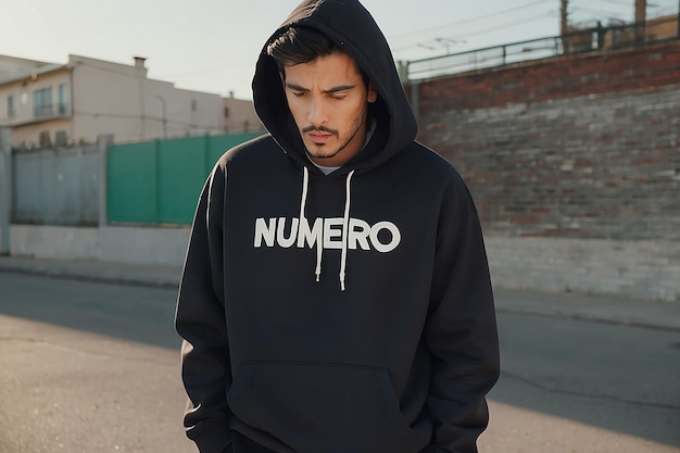 A man with a hoodie that has the word numero on it