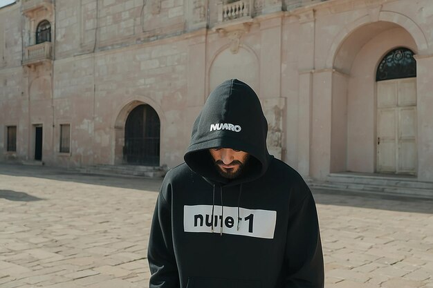 A man with a hoodie that has the word numero on it