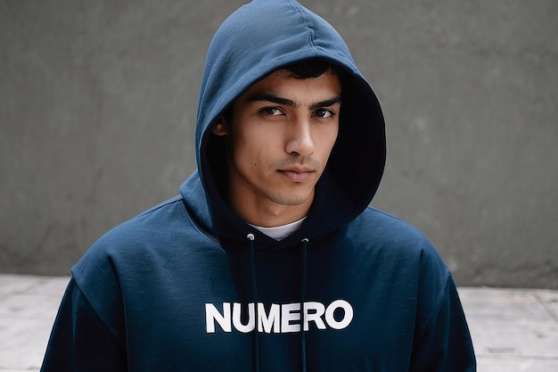 A man with a hoodie that has the word numero on it