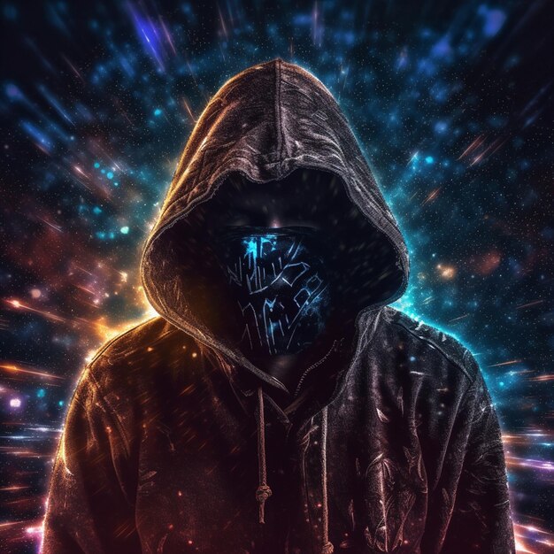 A man with a hoodie that says'cyberpunk'on it