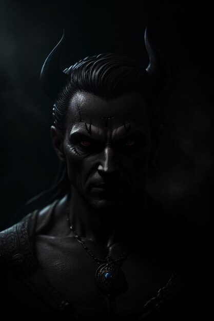 A man with horns and a black face is in the dark.