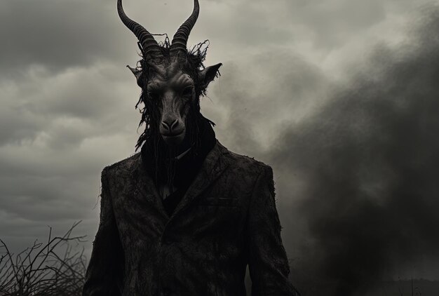 Photo a man with horns and horns stands in front of a mountain