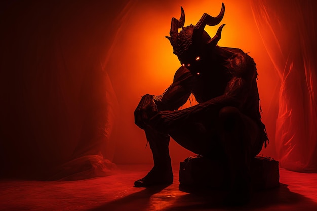 a man with horns sitting on a rock in a dark room