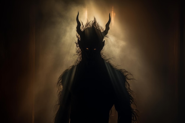 a man with horns standing in a dark room