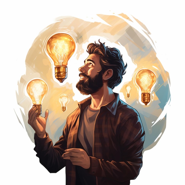 Man with Idea illustration of holding bulb