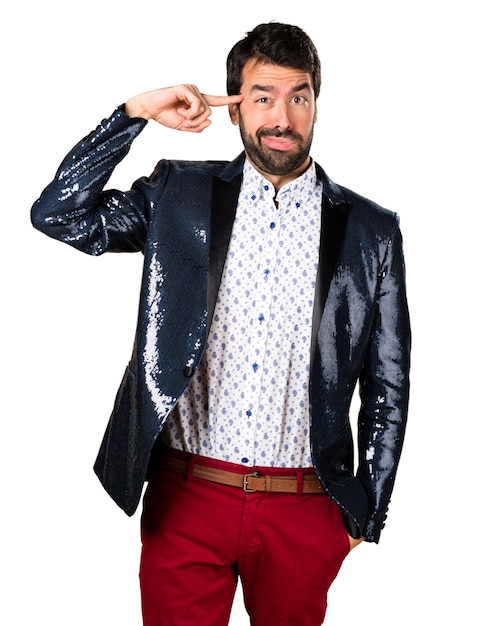 Man with jacket making crazy gesture