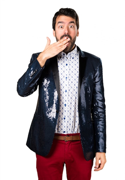 Man with jacket making surprise gesture