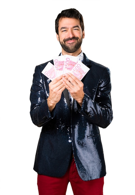 Man with jacket taking a lot of money