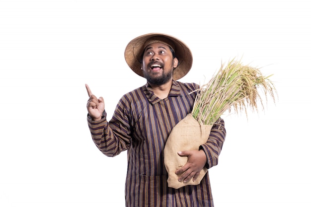 Man with Javanese traditional lurik shirt holding rice grains