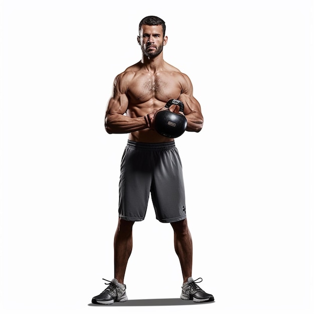 A man with a kettlebell in his hand is posing for a photo.