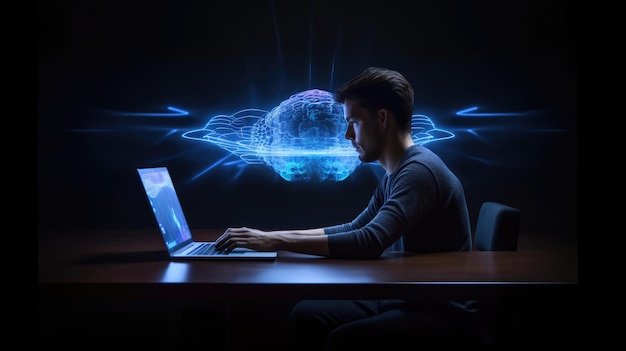 A man with laptop in black and blue neon blackground generated ai