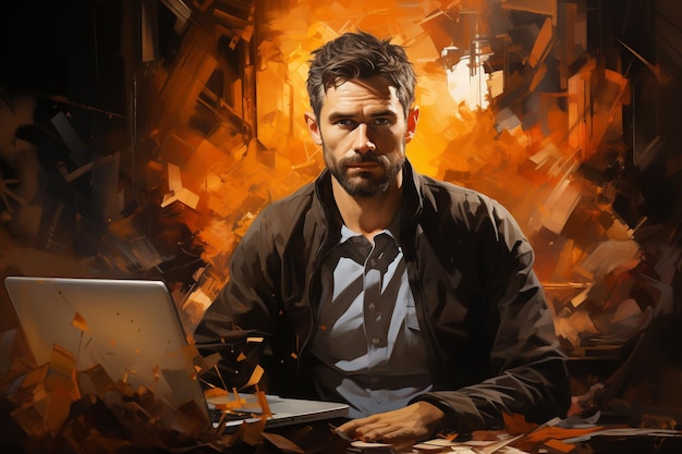 A man with a laptop in front of a fire in the background