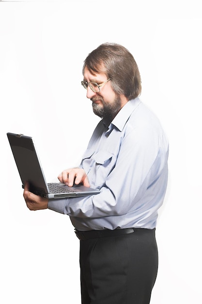 Photo man with laptop isolated on white