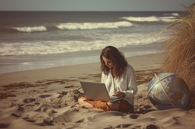 Photo man with laptop sits on the beach near the sea and palm trees