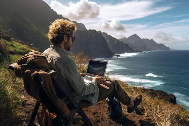 a man with a laptop sits on a cliff overlooking the ocean.