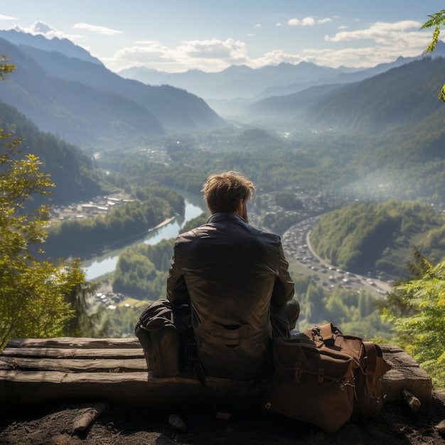 A man with a laptop sits on a rock overlooking a valley