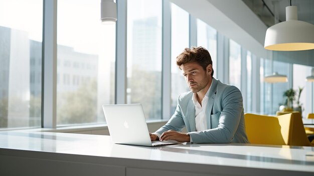 Photo man with laptop sitting on desk and window