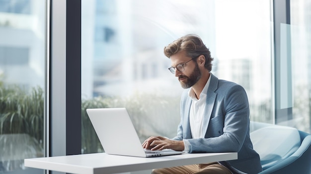 Man with laptop sitting on desk and window