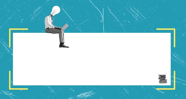 man with laptop sitting on large poster for text art collage