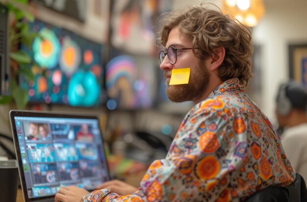 Foto un uomo con un portatile e un biglietto adesivo che dice giorno degli sciocchi sulla schiena concetto di scherzi da ufficio sciocco