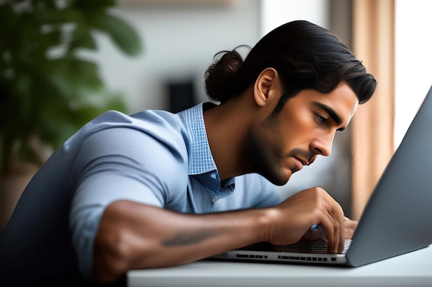 a man with a laptop that has a tattoo on his arm.