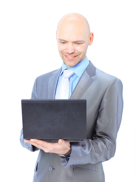 Man with laptop on a white background