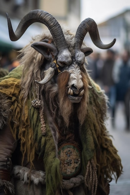 A man with a large bull's horns and a large horn