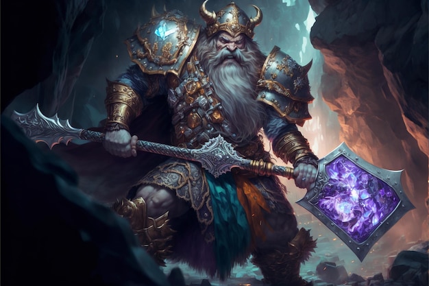 大きなハンマーと紫と青の斧を持つ男