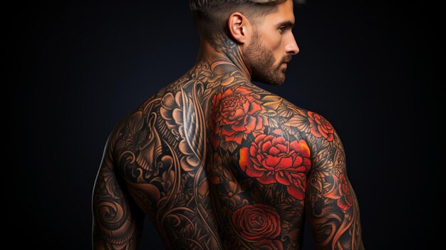 Photo man with large tattoo from behind