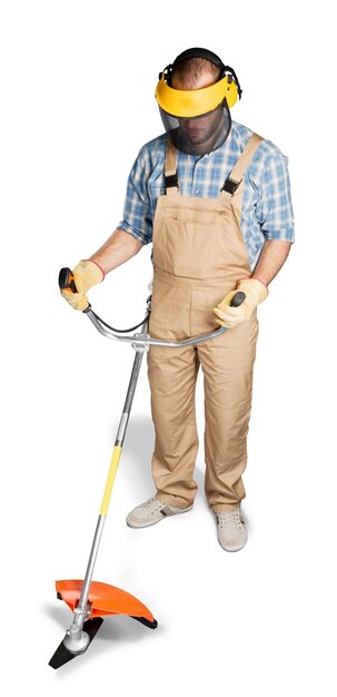 Man with lawn mower isolated on white background