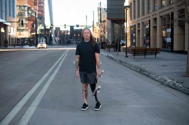 Uomo con disabilità alle gambe che fa skateboard in città