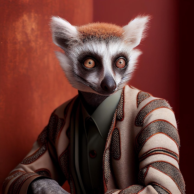 A man with a lemur's head is sitting in a chair.