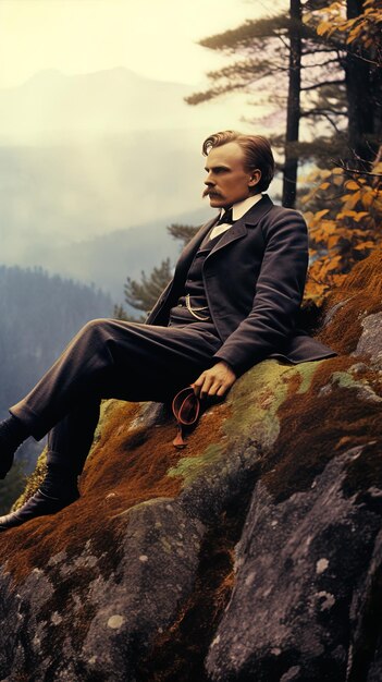 a man with a letter on his chest sits on a rock