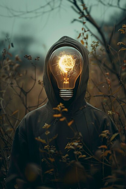 a man with a light bulb in his head and a dark background