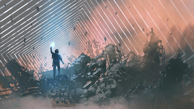 man with the light torch on the pile of rubble looking at the path leading to another dimension