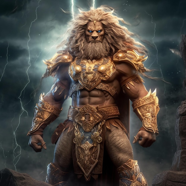 A man with a lion on his chest stands on a cliff with a lightning bolt behind him.