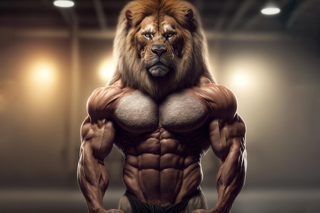 A man with a lion on his shoulders stands in a gym.