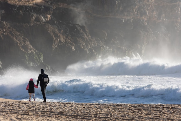 A man with a little girl walking on the beach