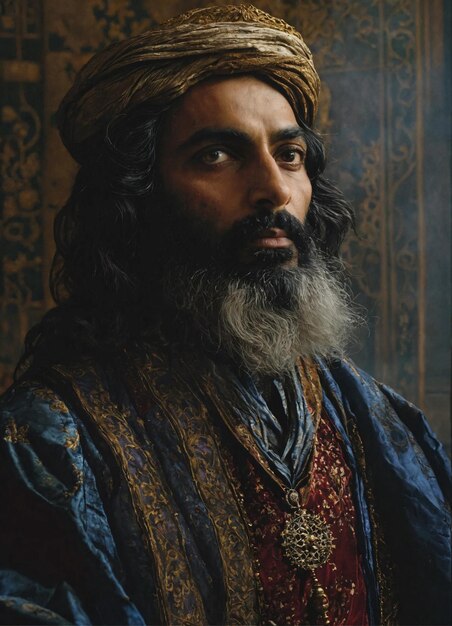 a man with a long beard and a blue robe with a gold tassel