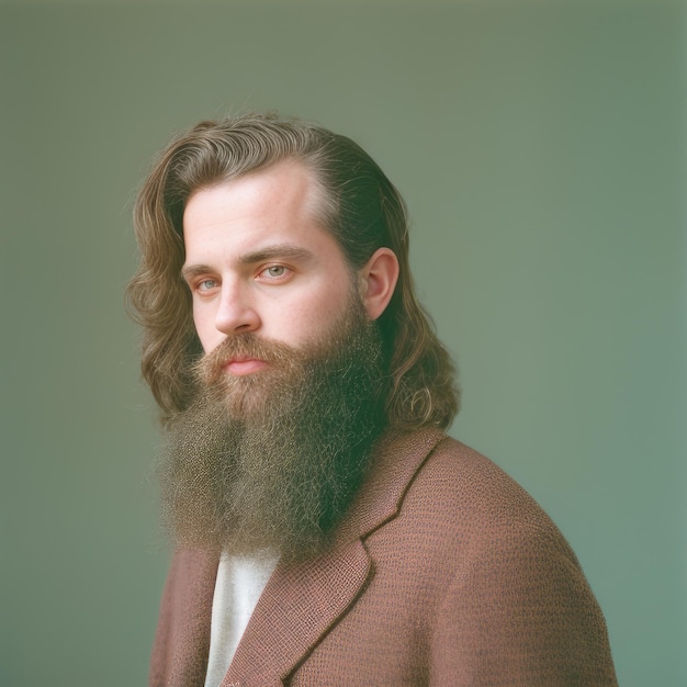 A man with a long beard and a brown blazer is posing for a photo.