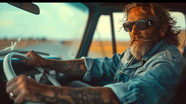 Photo a man with a long beard driving a truck