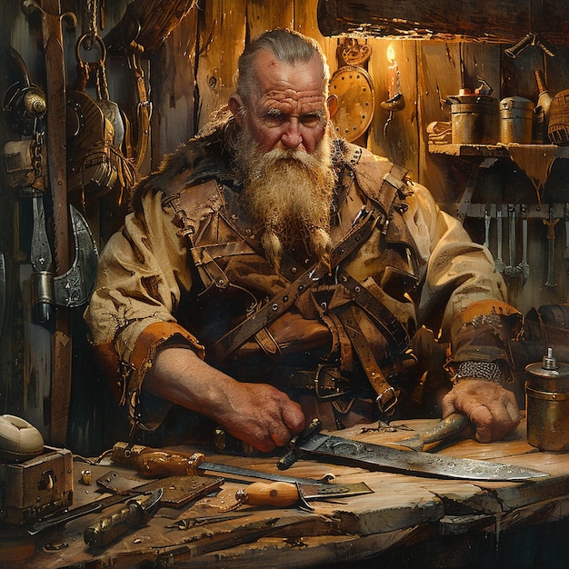 Photo a man with a long beard is cutting a knife with a knife