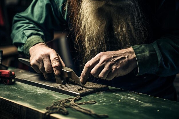 Photo a man with a long beard is cutting a piece of wood