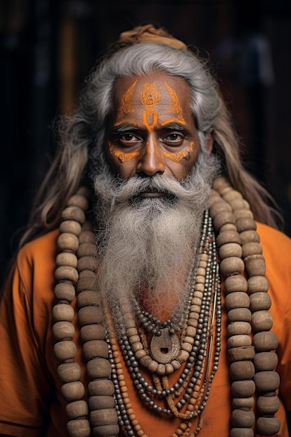 Photo a man with a long beard and orange shirt