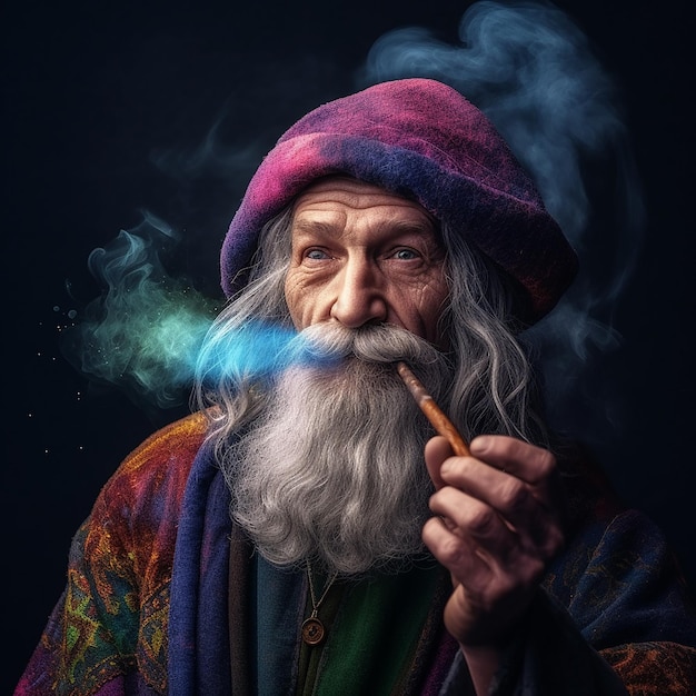 A man with a long beard and a purple hat is smoking a pipe.