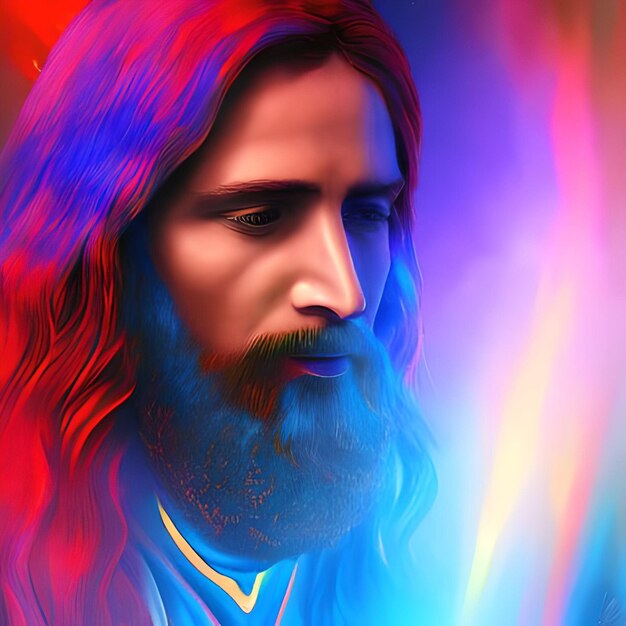 Photo a man with a long beard and a red and blue light behind him.