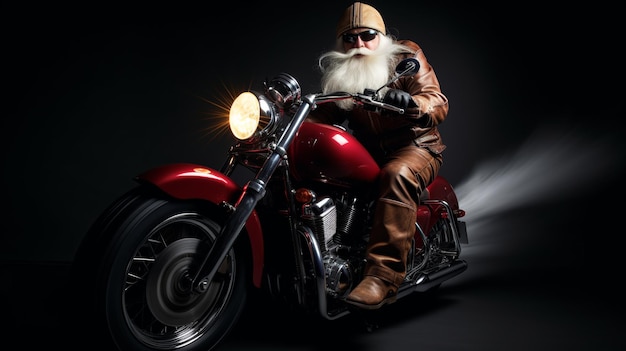 A man with a long beard rides a motorcycle.