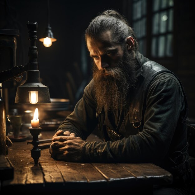 a man with a long beard sits in front of a light.