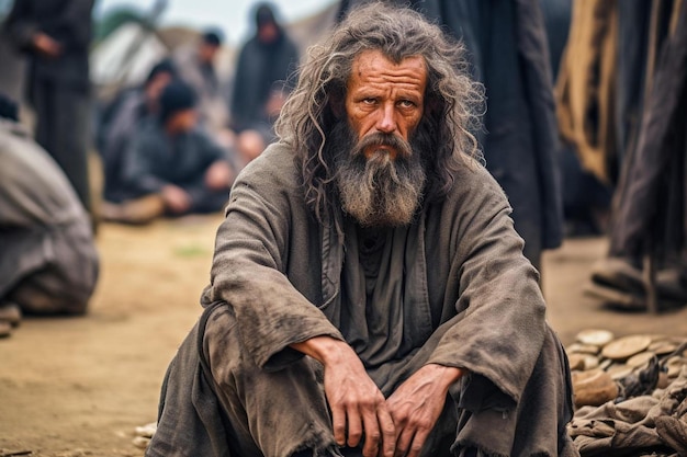 a man with a long beard sitting on the ground